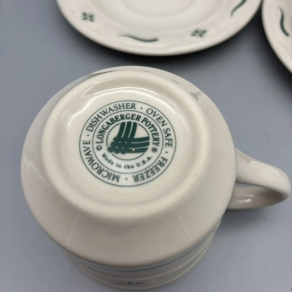 Longaberger Pottery Woven Traditions Classic w/ Green - Coffee Cup & Saucer Set2